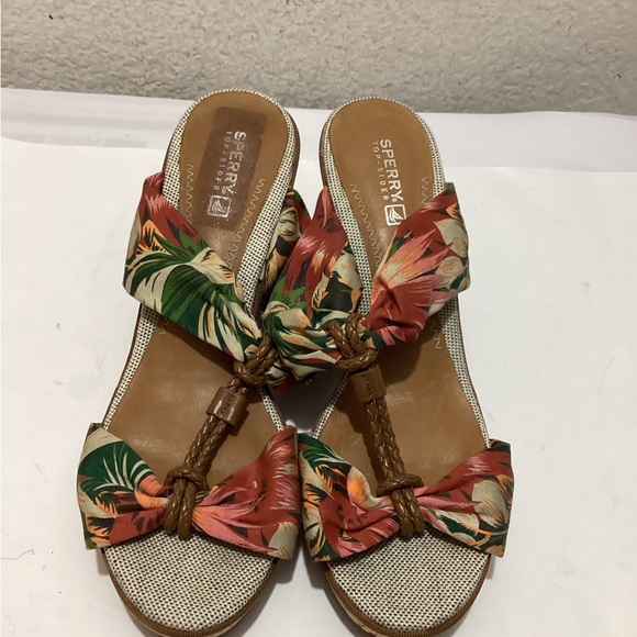 Sperry Top Sider Sandal Size 8.5M Tropical Print  Cork Wedge Slip On - Picture 5 of 9